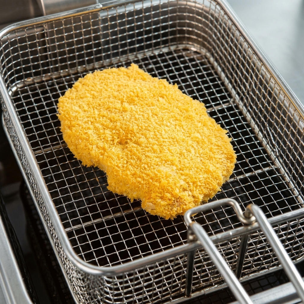 Una bistecca impanata spessa allinterno di un cestello metallico da frittura.