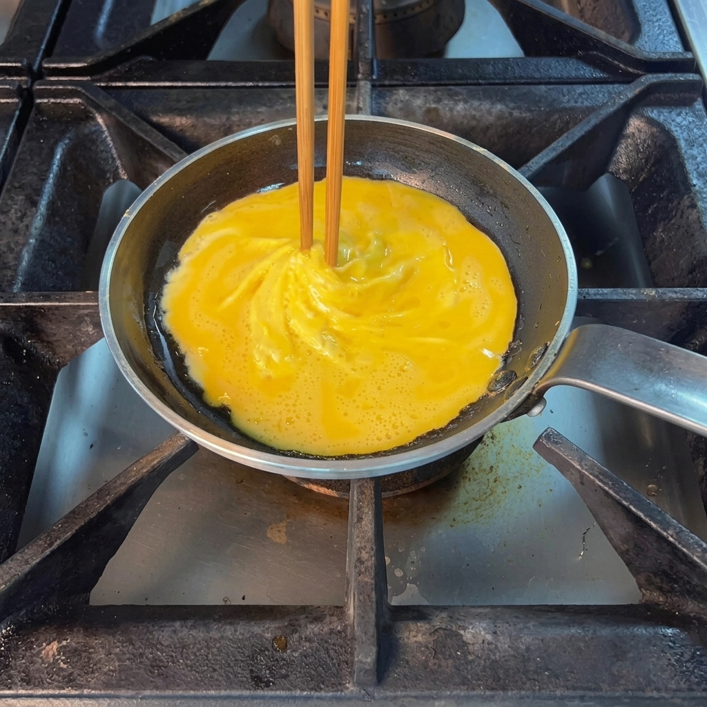 Uova in padella mescolate con bacchette per creare cagliate soffici.