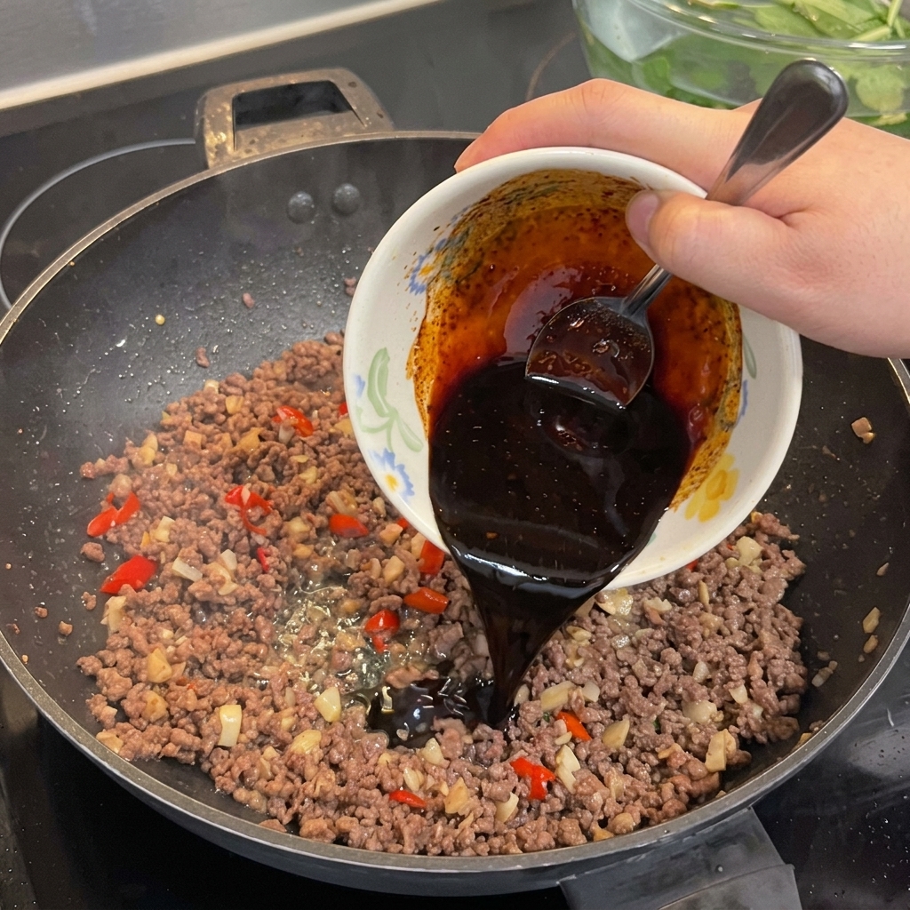 Una salsa scura e saporita versata da una piccola ciotola in un wok con macinato di manzo cotto.