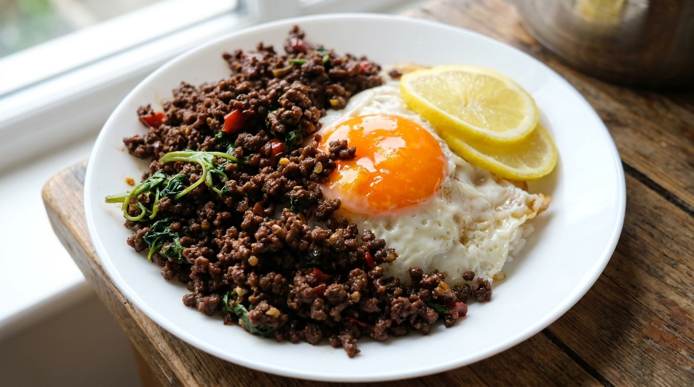 Un piatto di Thai Basil Beef servito su riso, guarnito con un uovo fritto dal tuorlo morbido, fette di limone e foglie di basilico fresco.
