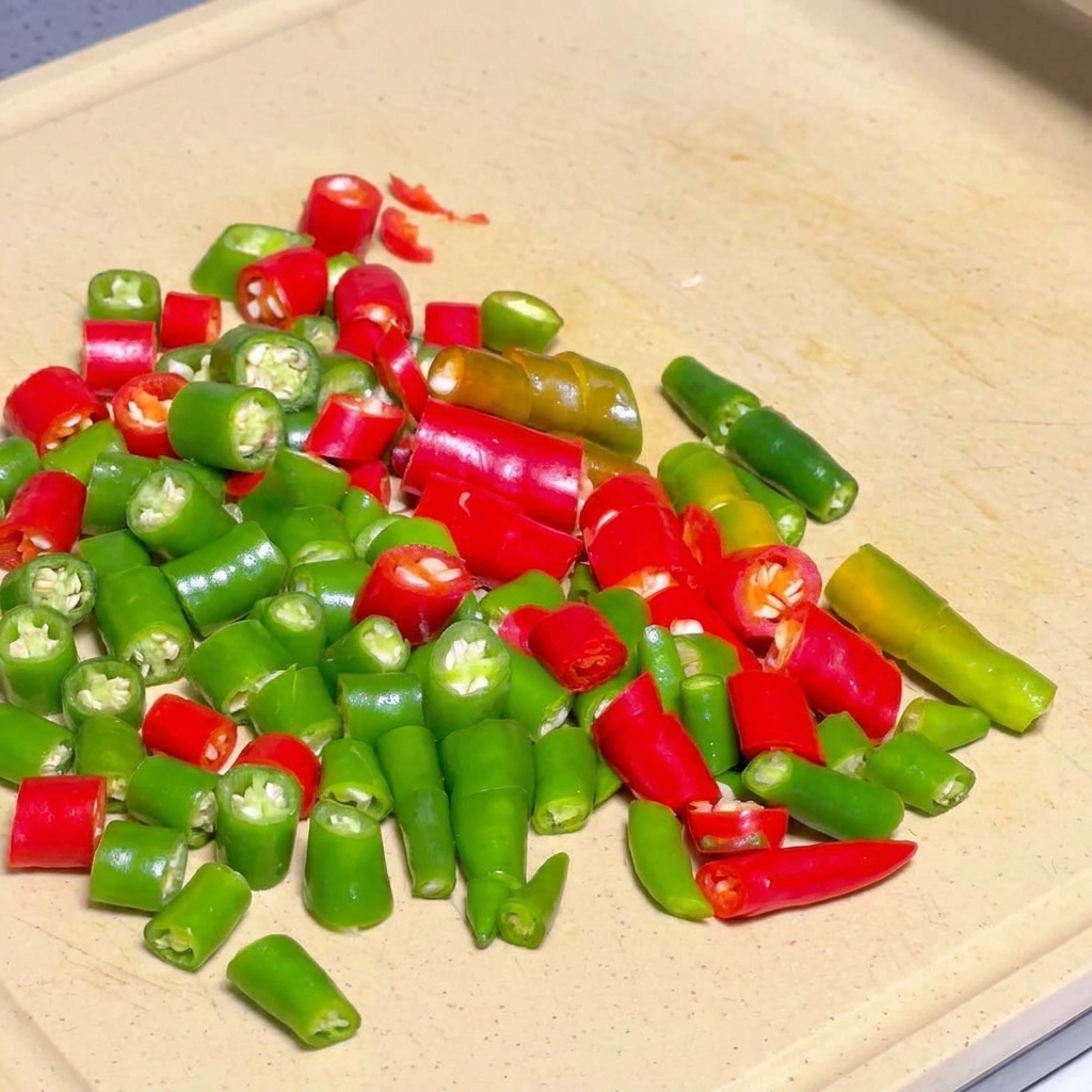 Peperoncini verdi e rossi affettati in piccoli segmenti vivaci su un tagliere.