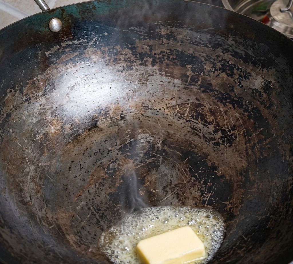 Manzo crudo messo in un wok con burro sfrigolante.