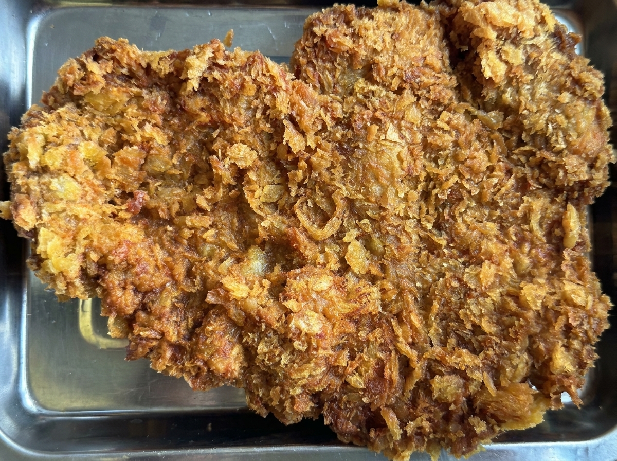 Una cotoletta di manzo dorata su un vassoio, guarnita con salse allo yogurt e senape al miele.