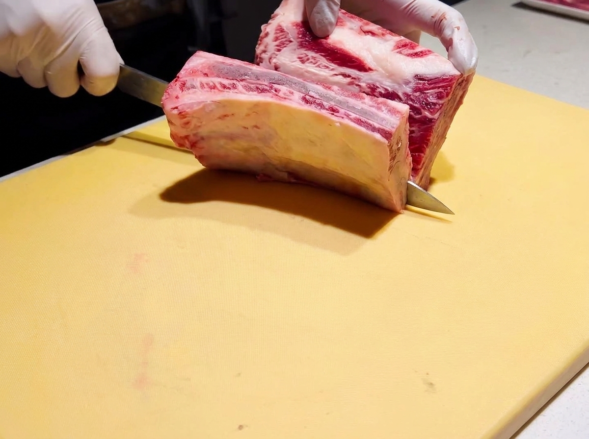 Un pezzo spesso di costina di manzo cruda tagliato a farfalla con un coltello da chef su un tagliere giallo.