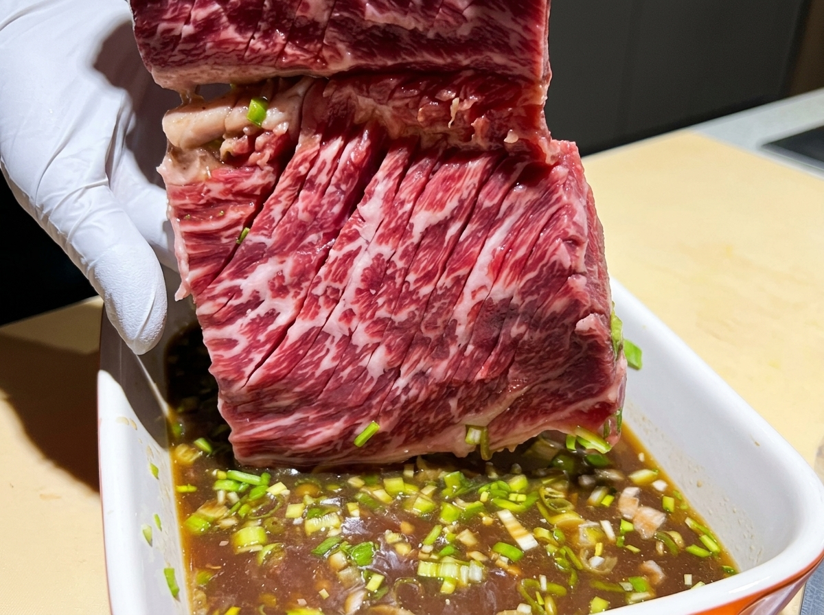 Un pezzo di carne cruda incisa posto in una teglia con marinatura scura e cipollotti verdi.