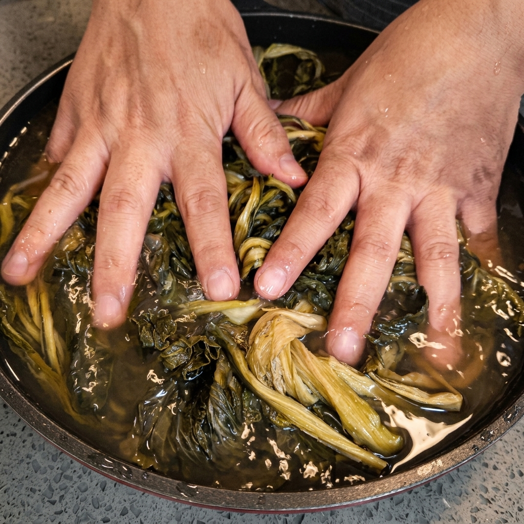 Mani che massaggiano foglie di cavolo scure in fase di reidratazione in una bacinella piena dacqua.