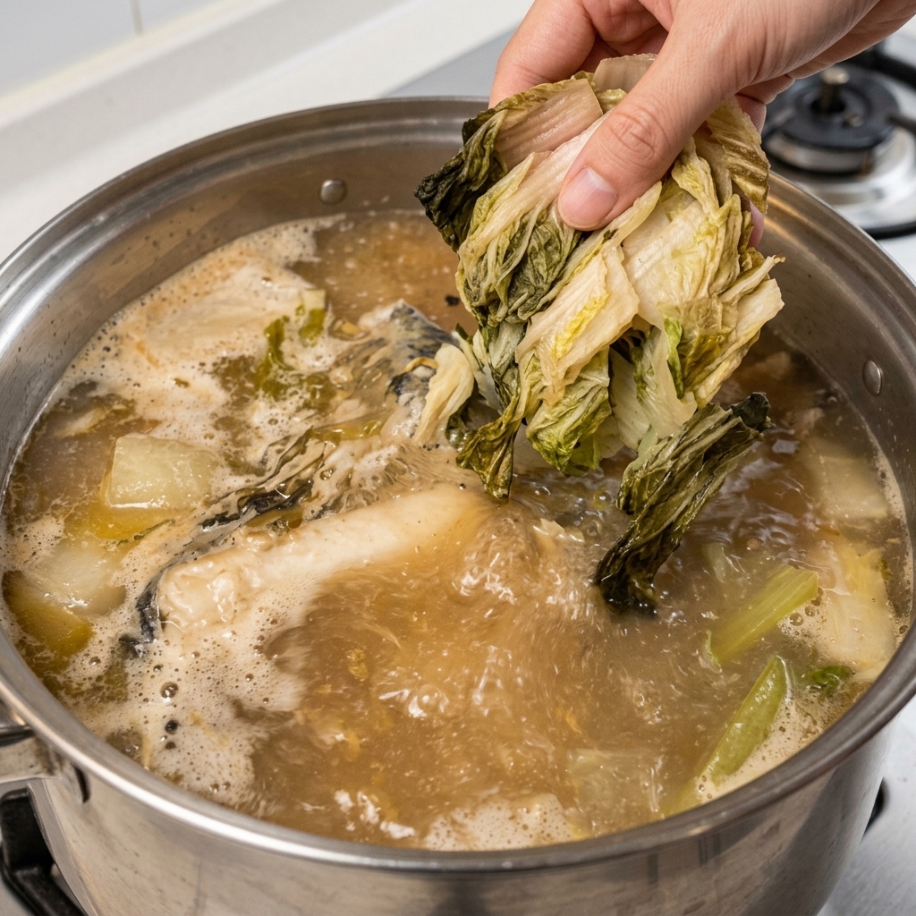 Foglie di cavolo reidratate e tritate che vengono inserite nel brodo di ossa bollente.