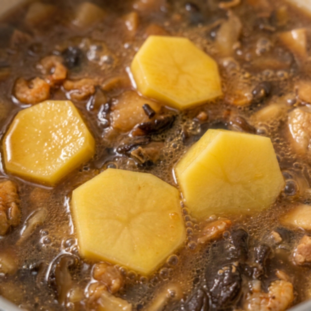 Grossi pezzi di patate gialle sbucciate disposti nella zuppa bollente.