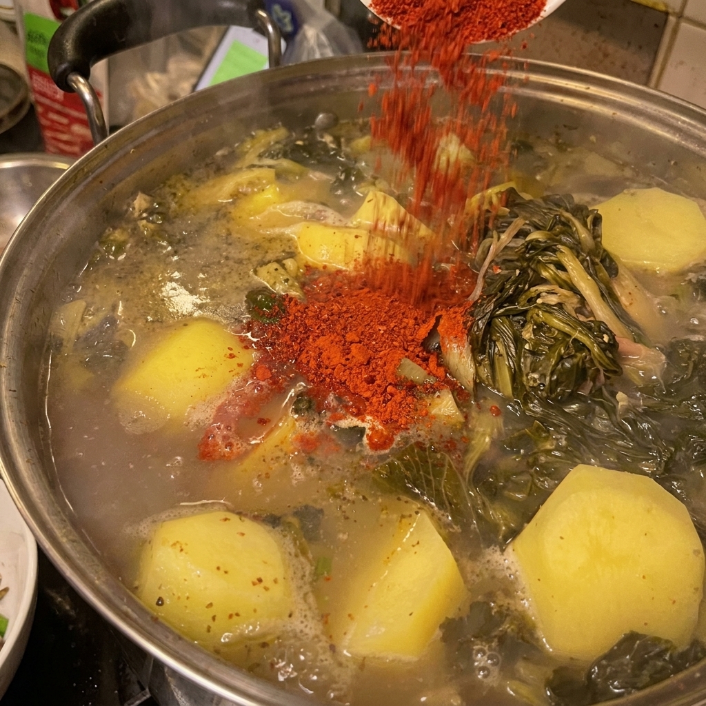 Peperoncino rosso in polvere brillante versato sopra le patate e la carne in ebollizione nella grande pentola.