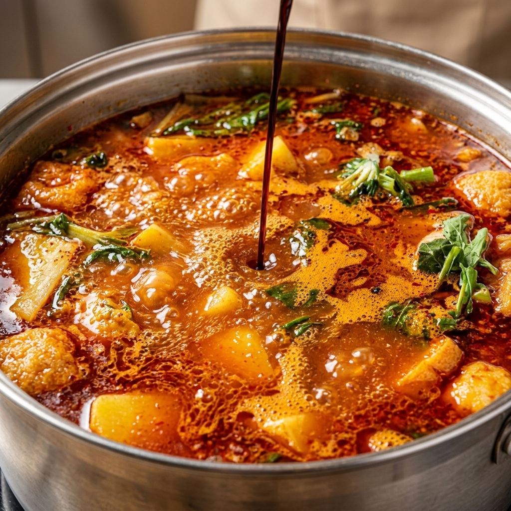 Un mestolo versa una salsa scura a base di soia nella grande pentola bollente di zuppa rossa di ossa di maiale e patate.
