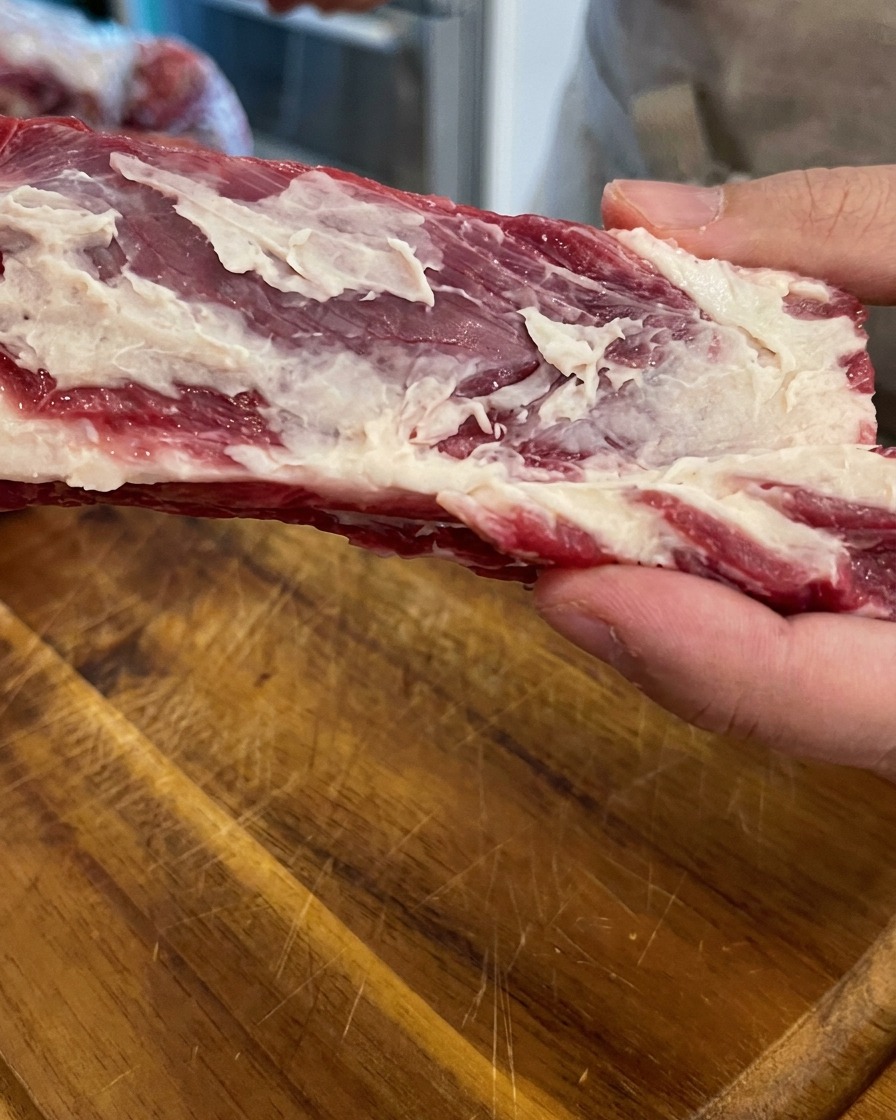 Mani che tengono un pezzo di costina di manzo cruda con osso, mostrando la marezzatura di grasso su una superficie di legno.