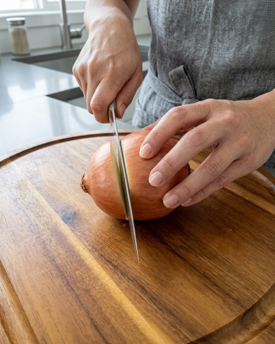 Mani che usano un coltello da chef per tagliare una cipolla dolce non sbucciata a metà su un tagliere di legno rotondo.