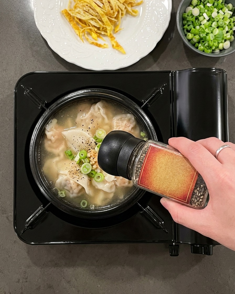 Un macinapepe che macina pepe nero fresco nella zuppa di manzo limpida e bollente allinterno di una pentola di pietra.