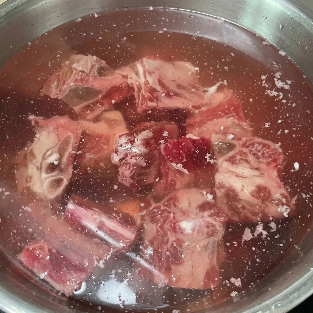 Costine di manzo crude immerse in una ciotola dacqua, con lacqua che assume una tonalità rossastra mentre il sangue viene estratto.