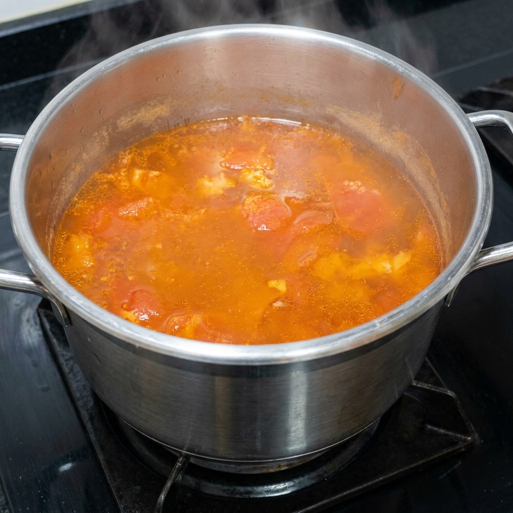 Mestolo che mescola la zuppa finita nella pentola a pressione.