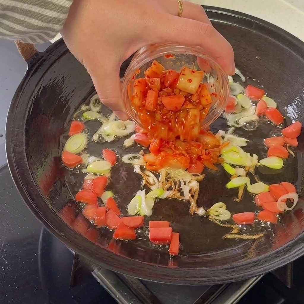Kimchi tritato aggiunto in padella con salsiccia e cipollotti, mescolati a fuoco alto.
