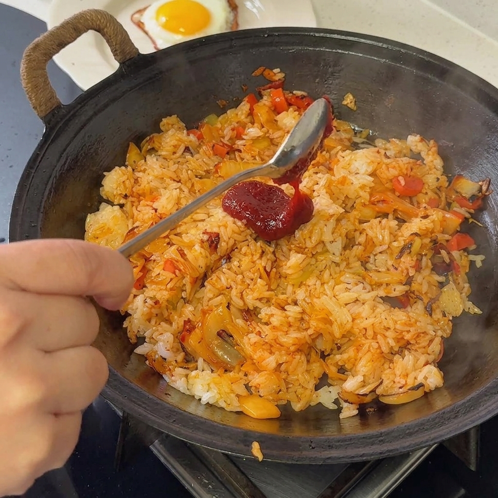 Pasta di peperoncino coreana aggiunta in una padella di riso e kimchi.