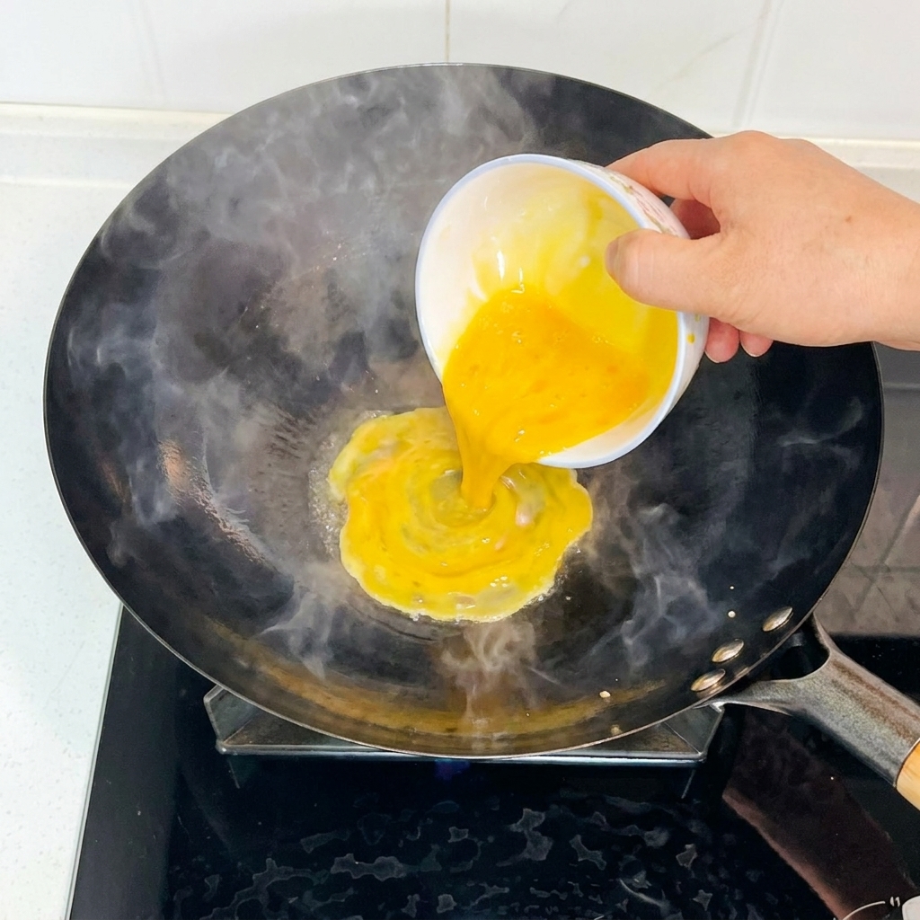 Versare le uova sbattute da una ciotolina in un wok caldo e fumante.
