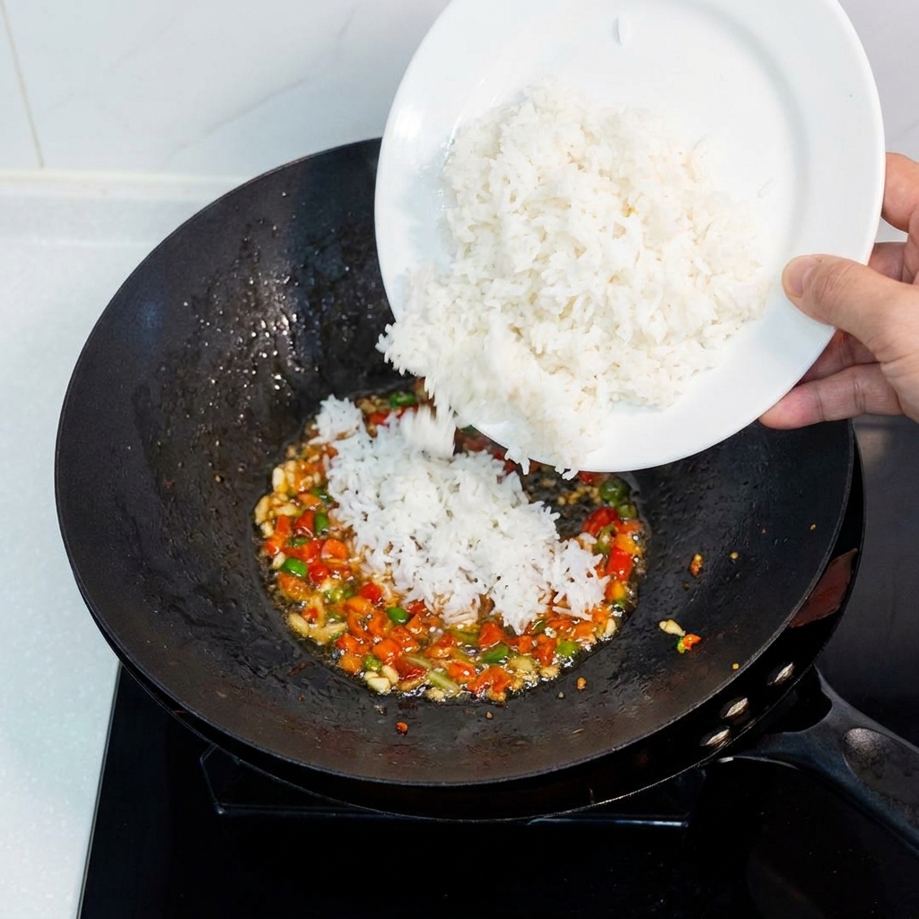 Aggiunta di un piatto di riso bianco cotto in un wok con aromi saltati.