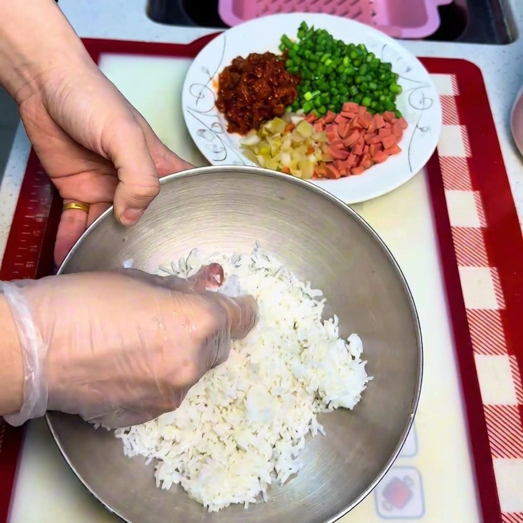Primo piano di mani con guanti che sgranano un cumulo di riso bianco cotto in una ciotola di metallo.