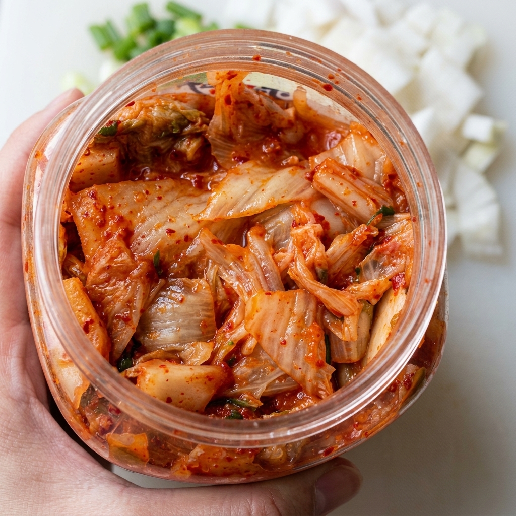 Vista dallalto degli ingredienti della salsa—kimchi, gochujang, salsa di soia, zucchero e maionese—riuniti in una ciotola bianca.