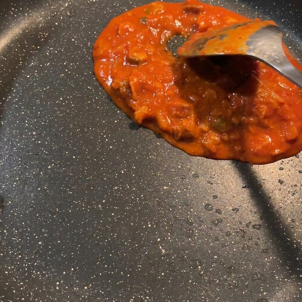 La salsa rossa che sfrigola in padella mescolandosi al grasso dello spam.