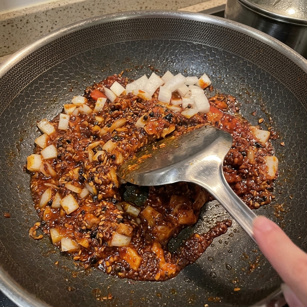 Una padella con spam, cipolla e la salsa rossa vibrante che vengono mescolati insieme.