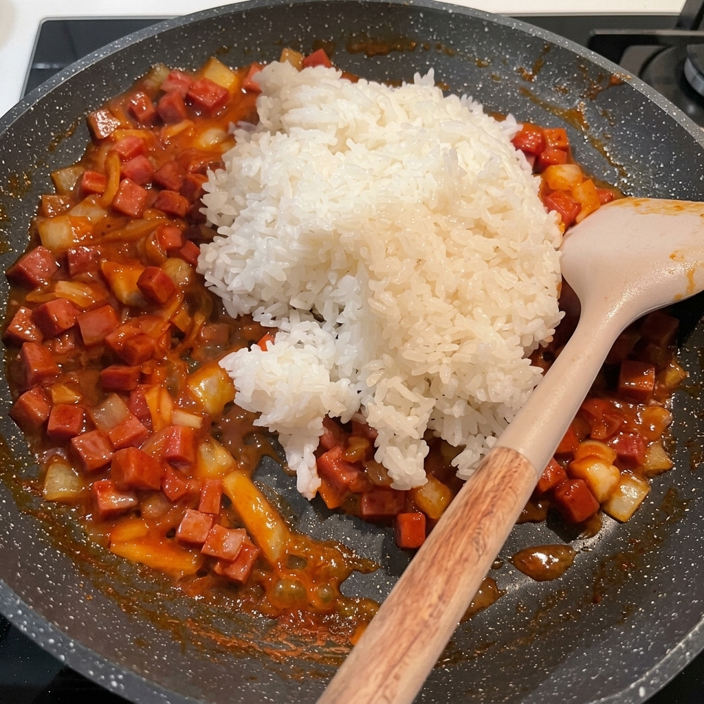 Un cumulo di riso bianco posizionato sopra il composto di spam, cipolle e salsa in una padella, pronto per essere saltato.