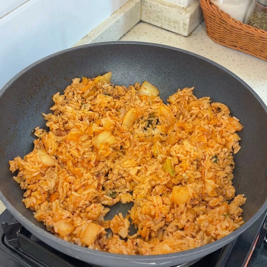 Salsa di soia chiara versata in una padella di kimchi, maiale e riso saltati.