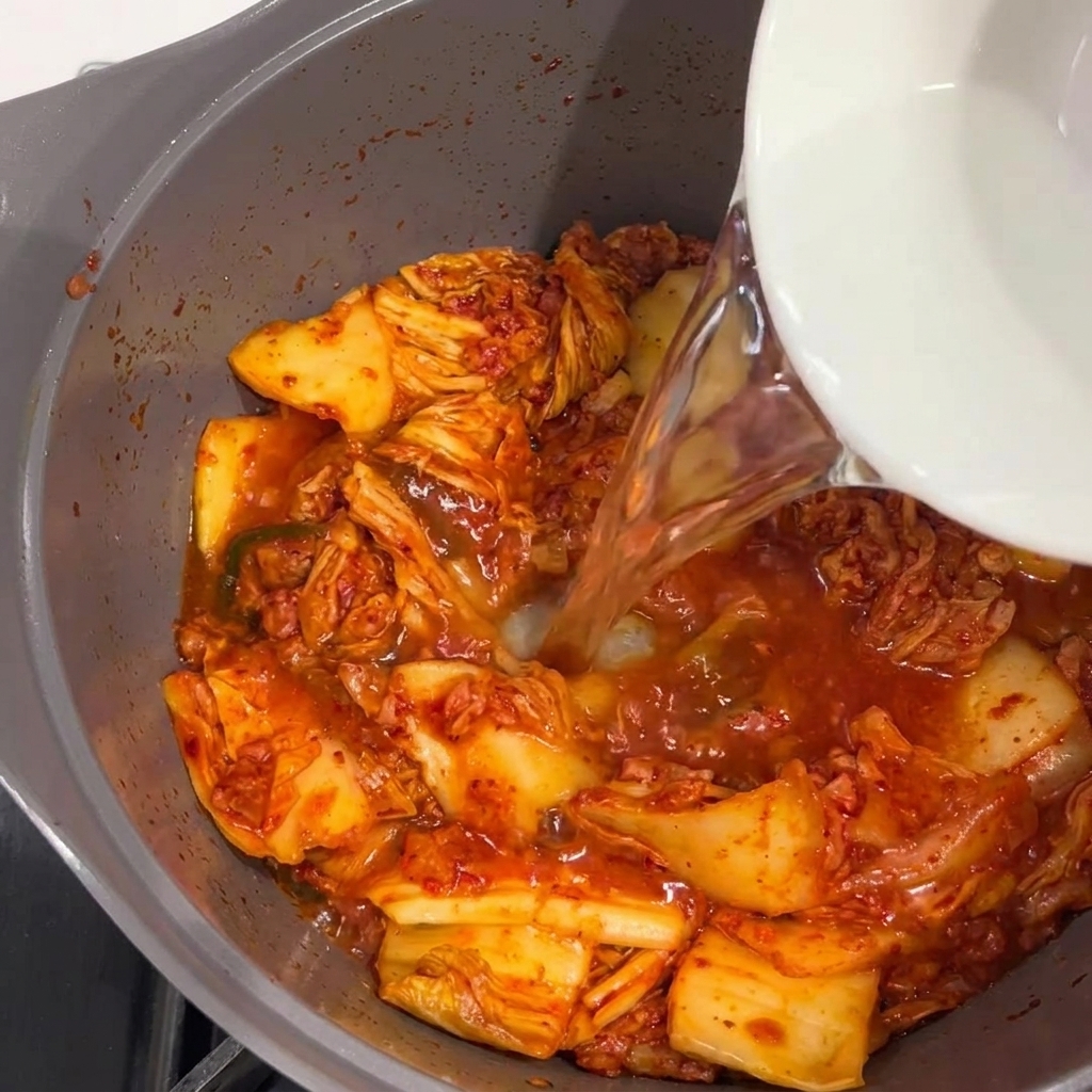 Acqua limpida versata nella pentola contenente il mix di Spam e kimchi.