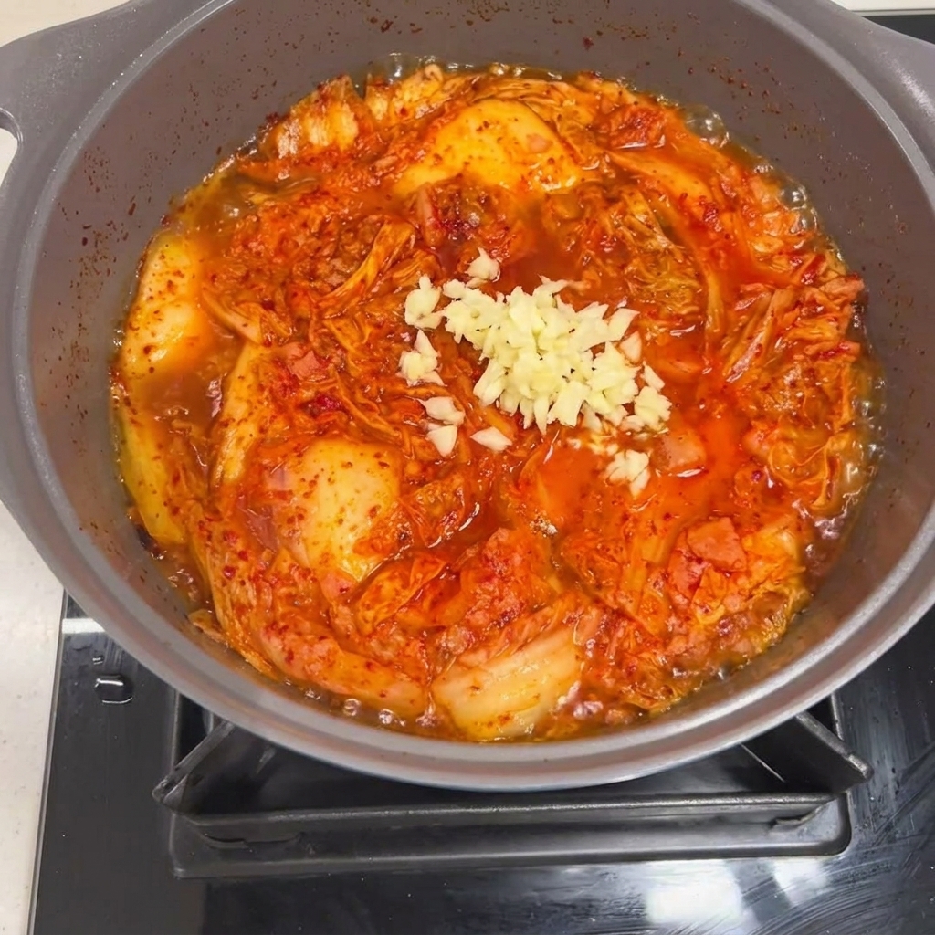 Aglio tritato aggiunto allo stufato di Spam e kimchi che sobbolle.
