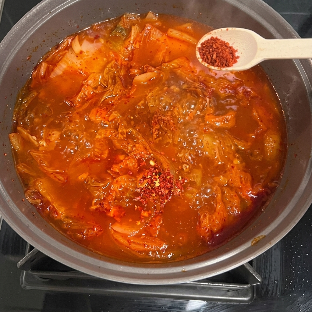 Salsa di soia chiara e un cucchiaio di peperoncino in polvere aggiunti allo stufato.