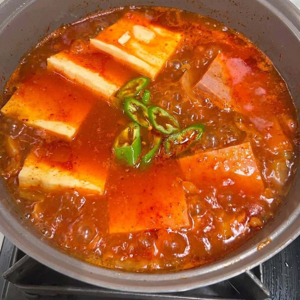 Una pentola calda di stufato di Spam e Kimchi guarnita con cipollotti verdi freschi e peperoncini rossi luminosi.