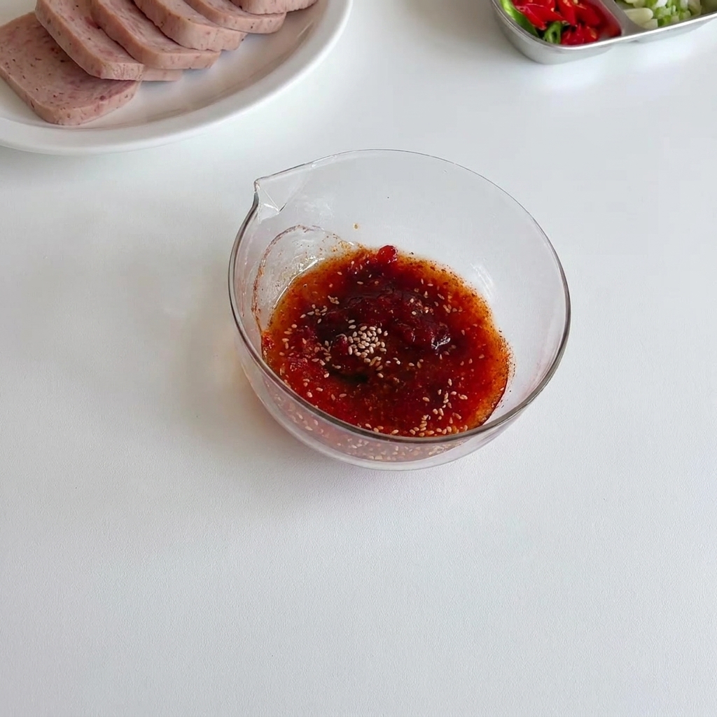 Un misurino versa acqua fresca in una ciotola di vetro contenente una vibrante miscela rossa di condimenti e pasta di peperoncino coreana.