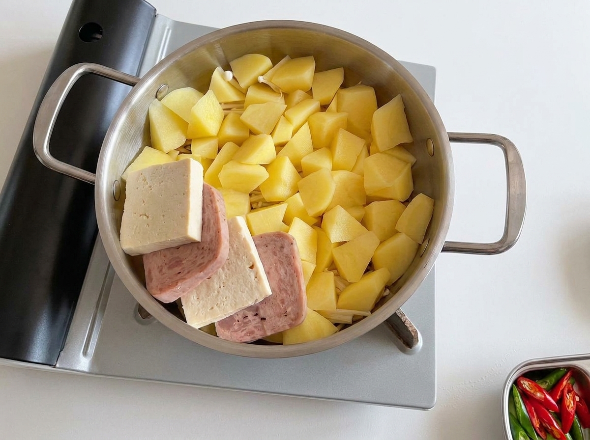 Spesse fette di Spam e blocchi di tofu disposti in cerchio sopra le patate a dadini in una padella di metallo.