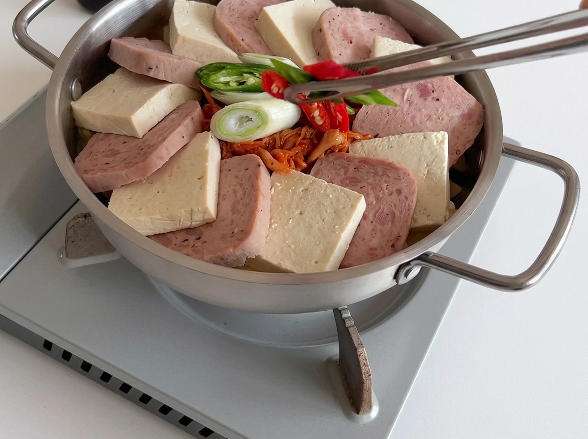 Delle pinze posizionano peperoncini freschi rossi e verdi al centro di una pentola piena di Spam, tofu, kimchi e cipollotti.