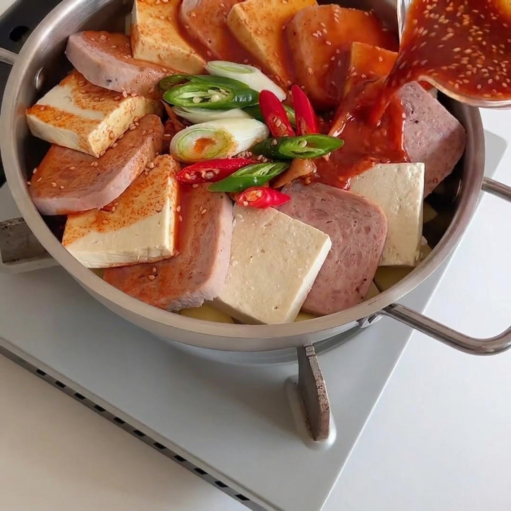Versare una ricca salsa al peperoncino rosso da una piccola ciotola di vetro sopra la Spam, il tofu e gli aromi nella padella.