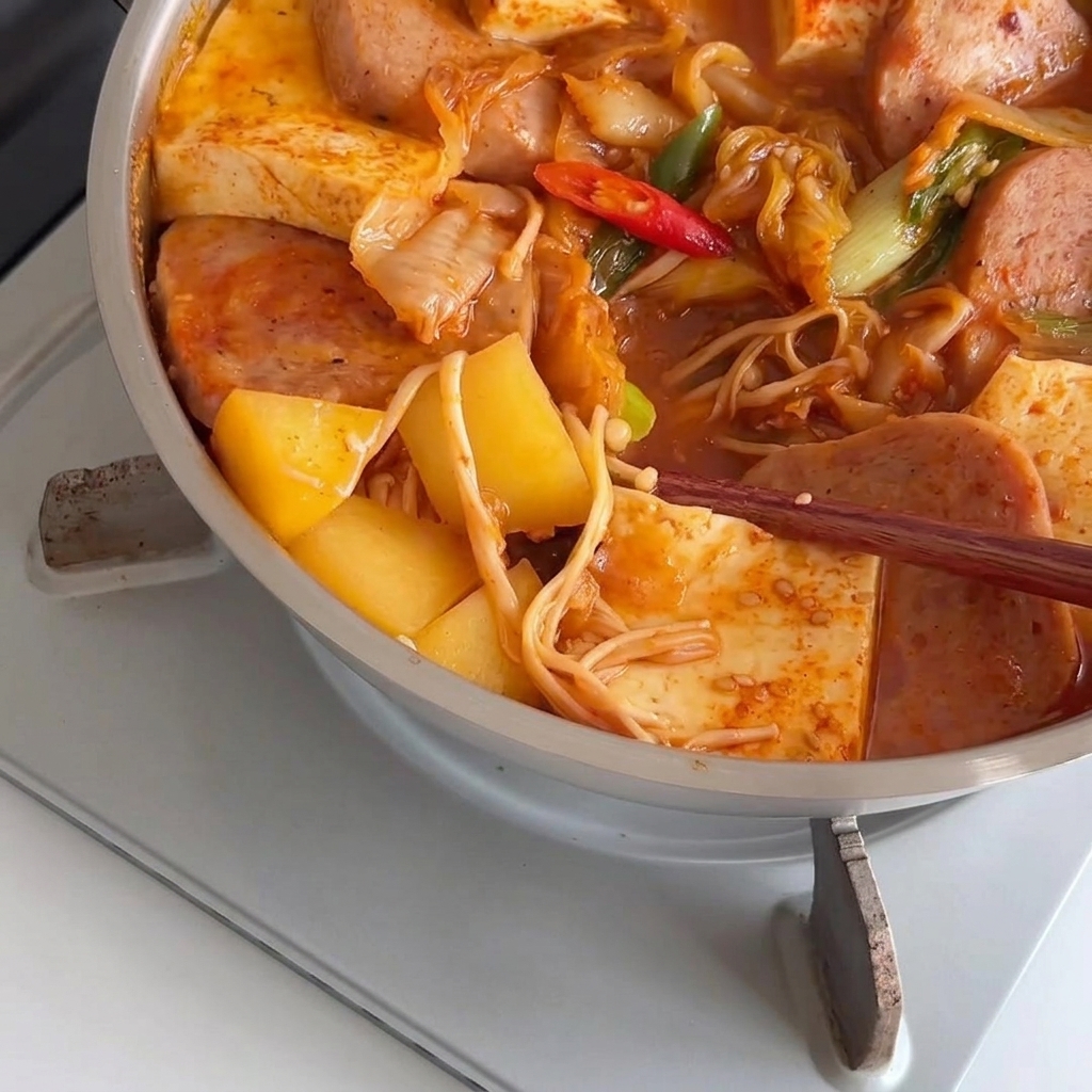 Delle bacchette sollevano funghi enoki cotti in una pentola di stufato rosso a forte ebollizione, circondati da Spam e tofu.