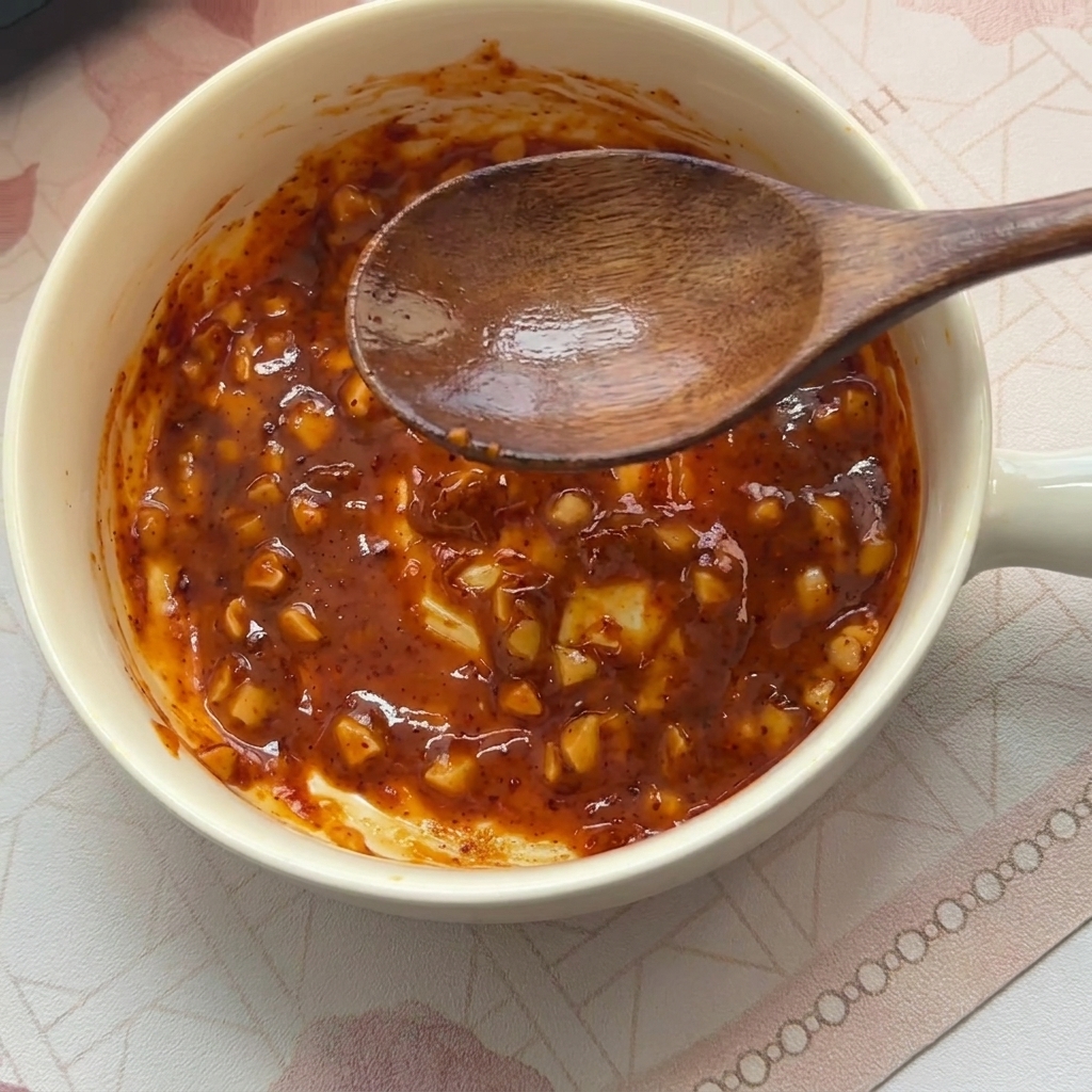 Un mestolo versa acqua bollente di cottura nella ciotola con la salsa, trasformandola in un brodo fluido e cremoso.