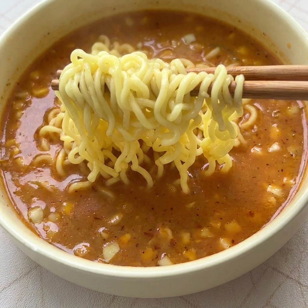 I noodles scolati vengono trasferiti nella ciotola con il brodo cremoso e mescolati con cura.