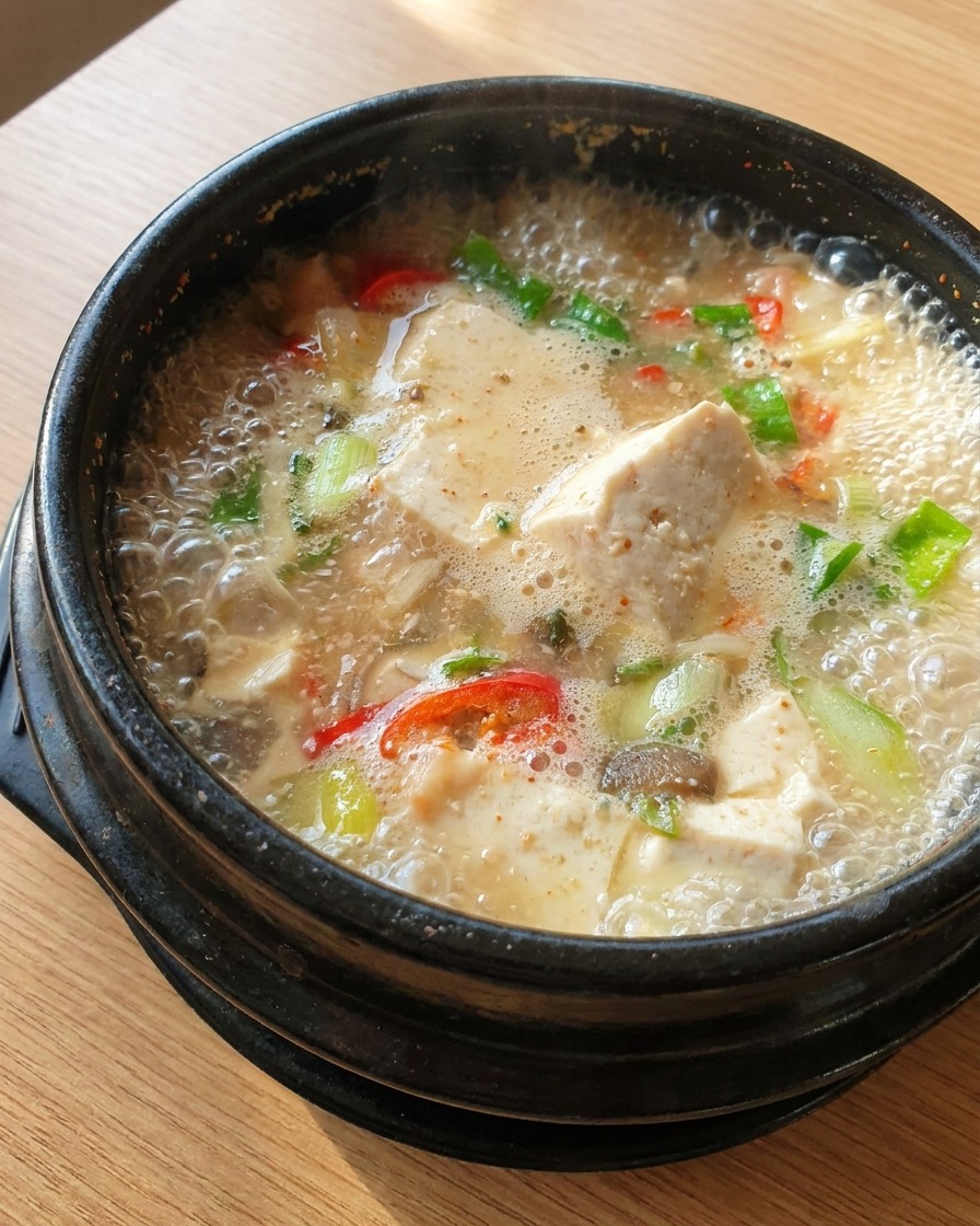 Cubi di morbido tofu bianco e peperoncini nel ricco stufato di pasta di soia in ebollizione.