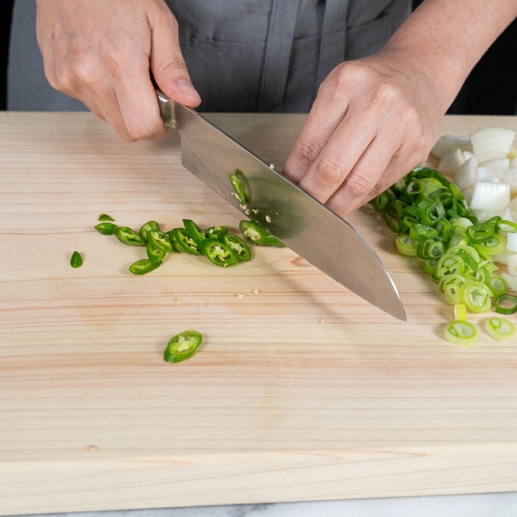 Una mano che usa un coltello per affettare diagonalmente un peperoncino verde fresco su un tagliere di legno.