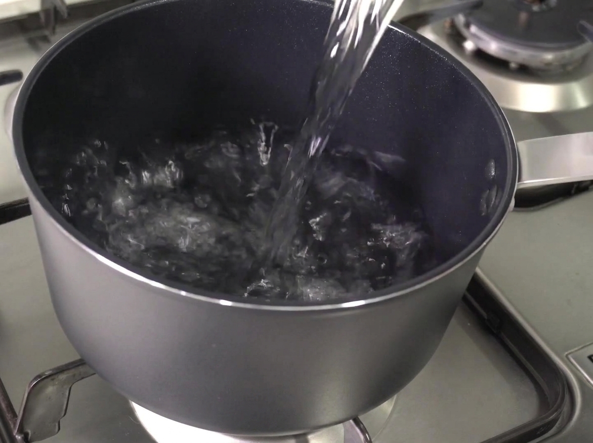 Acqua limpida versata in una pentola grigio scuro vuota su un fornello acceso.