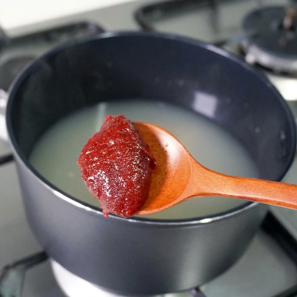Un cucchiaio di densa pasta di peperoncino rosso aggiunta alla pentola del brodo.