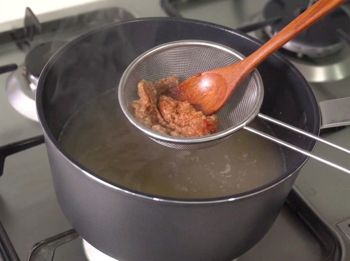 Un cucchiaio di legno e un colino utilizzati per mescolare e sciogliere le paste nel brodo caldo.