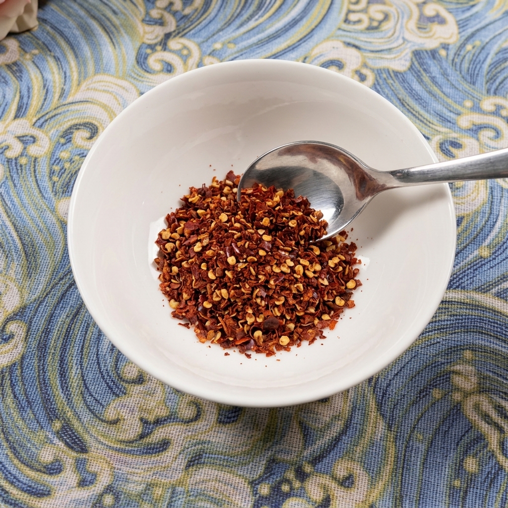 Primo piano di un cucchiaio di metallo che mescola una pasta di condimento rosso-marrone in una ciotola di ceramica bianca.