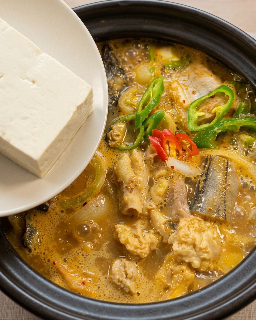Una mano che inserisce una spessa fetta di tofu bianco in una zuppa di pesce rosso-arancio che sobbolle in una pentola di terracotta.