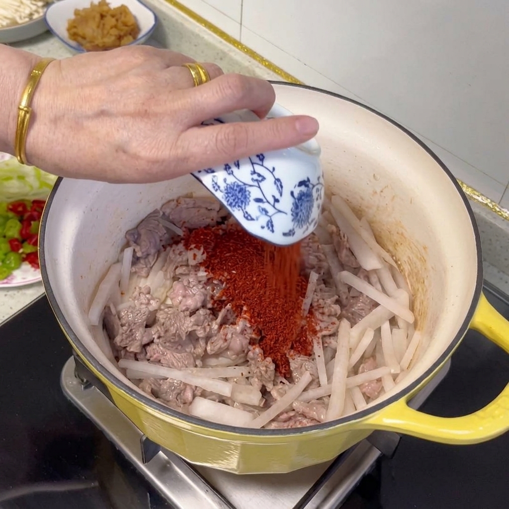 Polvere di peperoncino che viene mescolata con il composto di manzo e ravanello.