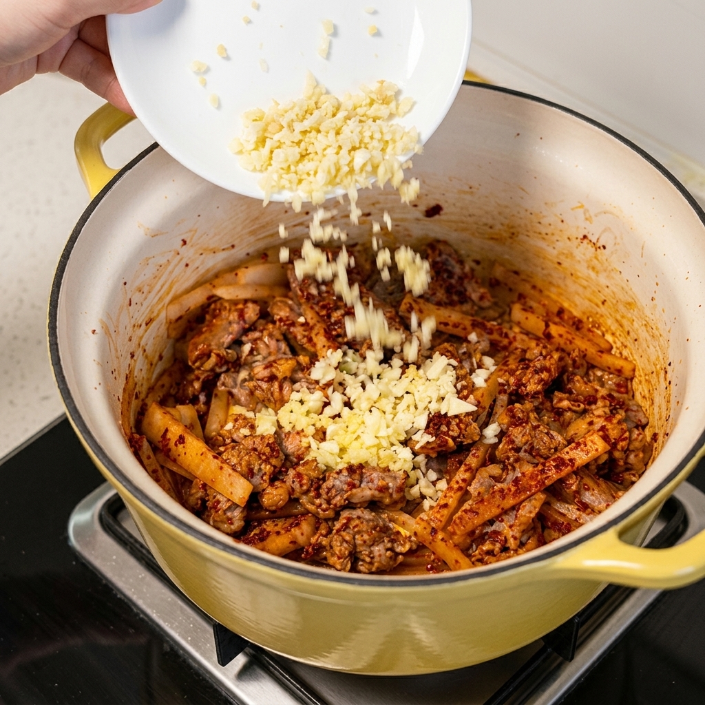 Aglio e zenzero tritati che vengono mescolati agli ingredienti in cottura.