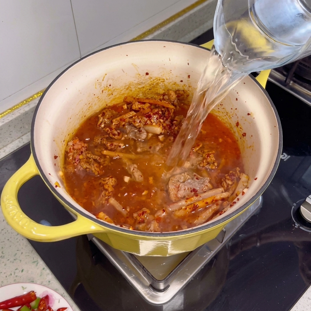 Acqua che viene versata in una pentola gialla contenente il manzo soffritto.